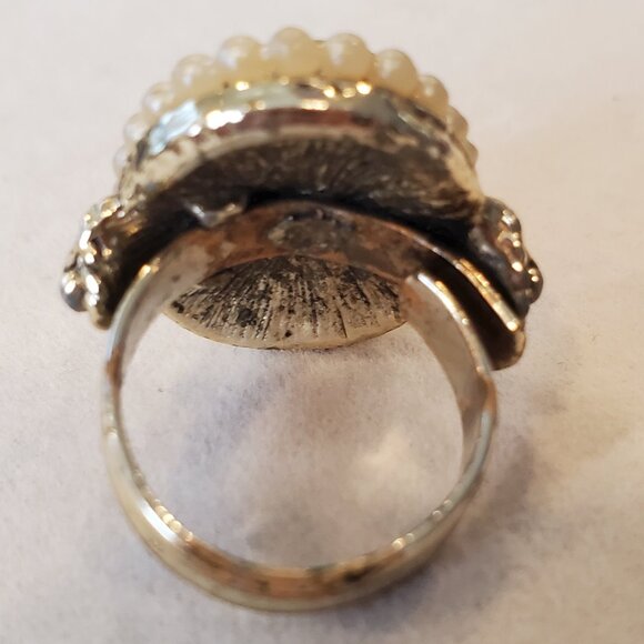 Vintage 1960s Carved Roses Ring Faux Coral & Pearls Adjustable Ornate Goldtone - Picture 4 of 7